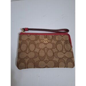 COACH Wristlet, Signature C Jacquard, Corner Zip, Khaki/True‎ Red, #F58033